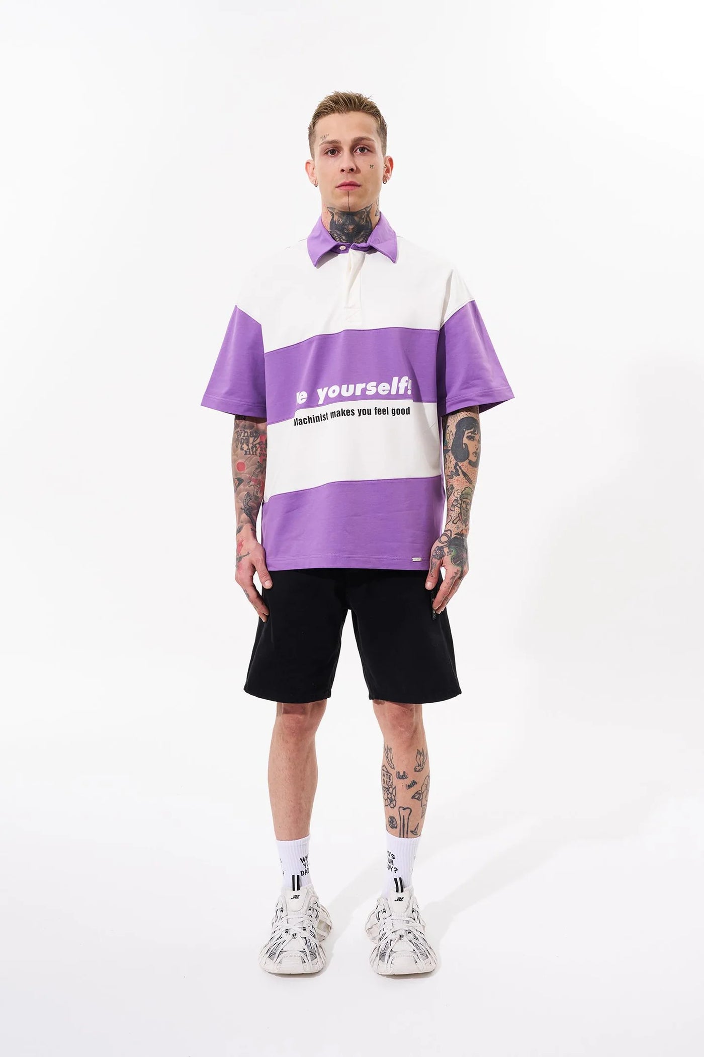 Erkek Be Yourself Polo Yaka Oversize Tişört Mor