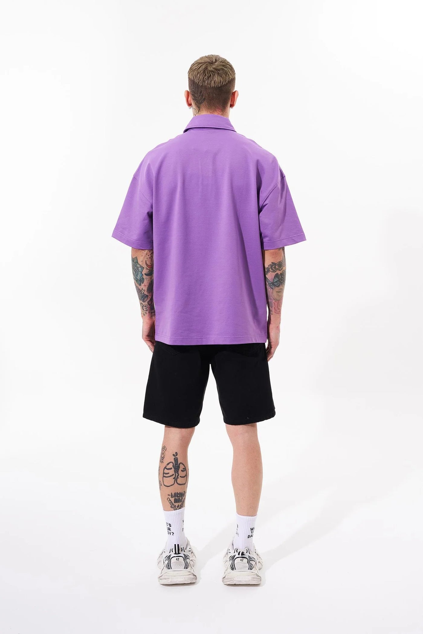Erkek Be Yourself Polo Yaka Oversize Tişört Mor